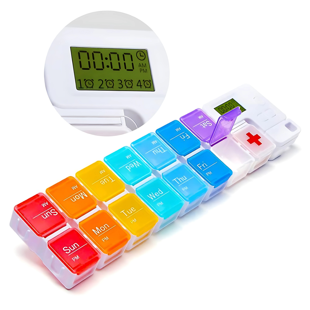 AM-PM Portable alarm Pill Box with 14 compartments.
